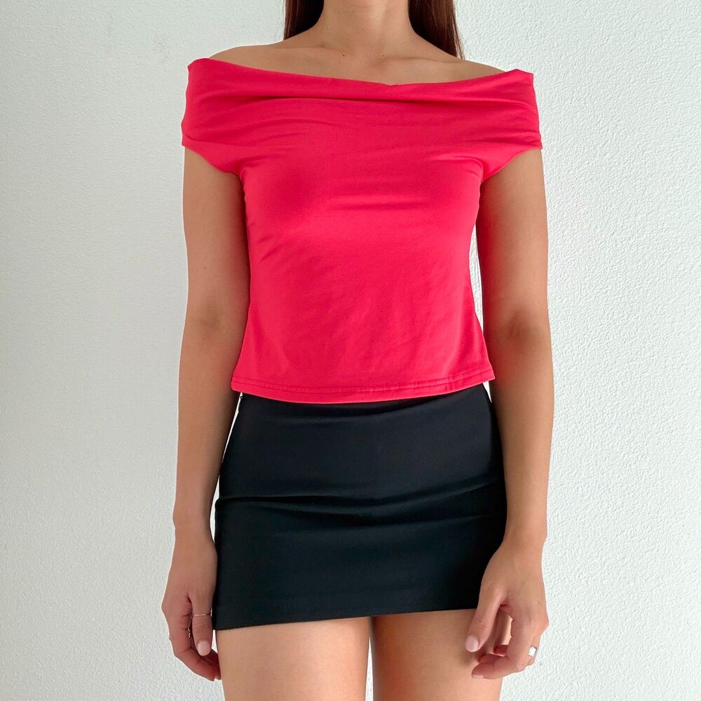 Edikted Off-The Shoulder Cowl Neck Bright Pink Top Stretchy Casual Y2K Bodycon M